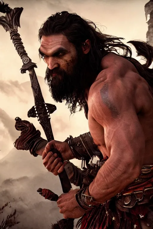 Image similar to film still from god of war, a highly detailed beautiful closeup photo of jason momoa kratos with long windblown wet hair holding a sword and fighting zombies on a pile of human skulls, spartan warrior, olympian god, muscular!,, action pose, ambient lighting, volumetric lighting, octane, fantasy