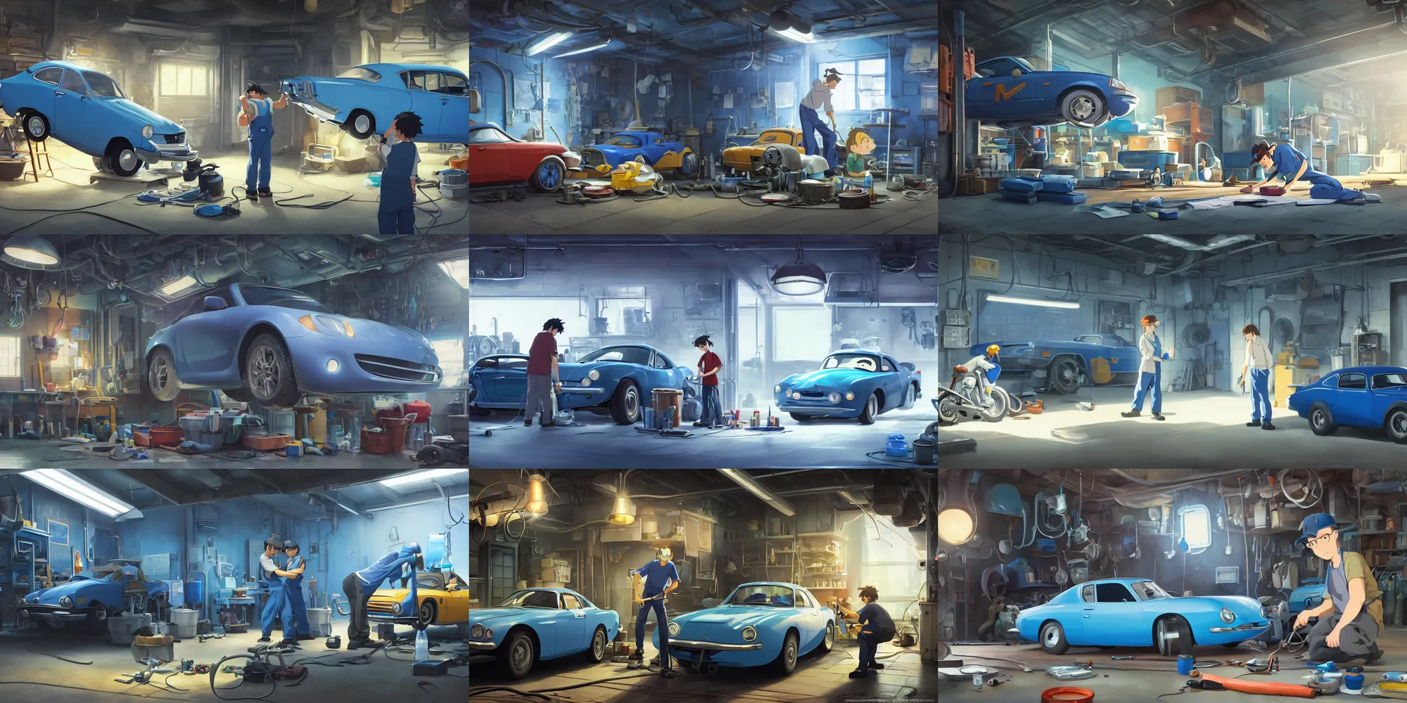 Prompt: a wholesome animation key shot of a focused auto mechanic repairing the a blue car in the workshop garage, medium shot, waist up, studio Ghibli, Pixar and Disney animation, sharp, Rendered in Unreal Engine 5, anime key art by Greg Rutkowski, Bloom, dramatic lighting