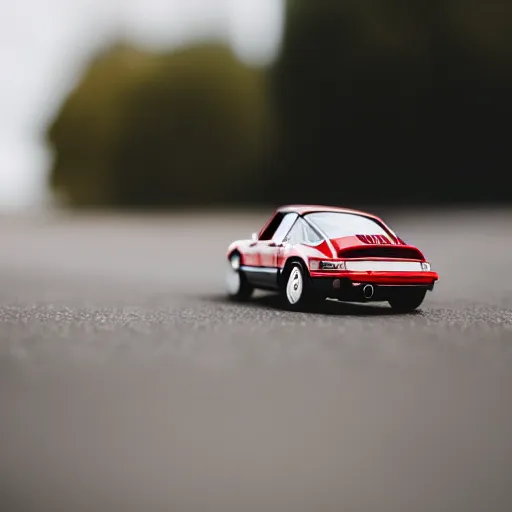 Image similar to close up photo of a small toy porsche 9 1 1 9 6 4 on a road stripe, cinematic, shallow dof, 3 5 mm, 4 k, macro