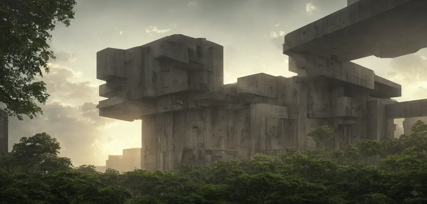 Image similar to simple brutalist architecture, surrounded by lush green vegetation, stunning volumetric lighting, sunset, metal, concrete, translucent material, stunning skies, 8k, photorealistic, hyper detailed, unreal engine 5, IMAX quality, cinematic, epic lighting, digital painting in the style of DOOM, by Greg Rutkowski, trending on Artstation