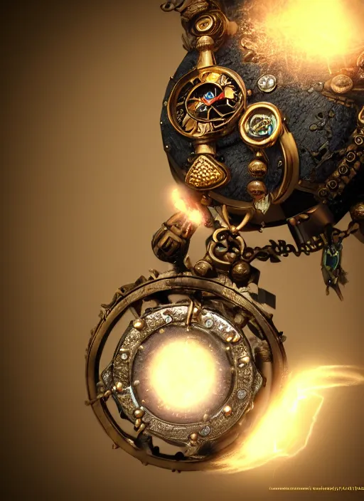 Image similar to a macro photo of amazing steampunk amulet with diamond jewel and small steam tubes, volumetric lightning, octane render, 4 k, hd, realistic reflections, extremely high detailed, soft lightning, trending on artstation, masterpiece, high resolution