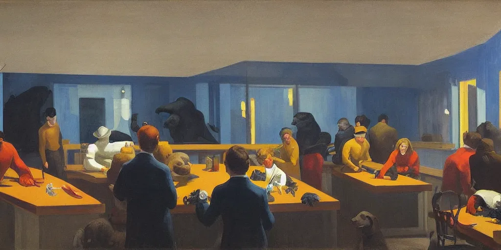 Image similar to painting, view from inside edward hopper's painting nighthawks, of a group of werebears inside a gallery, by magrirre, by neo rauch