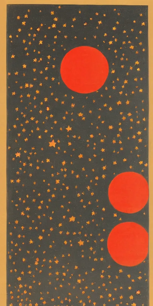 Prompt: oriental painting of the stars, the full red moon is far above, detailed, refined, high quality, parchment, blackened space, lots of stars
