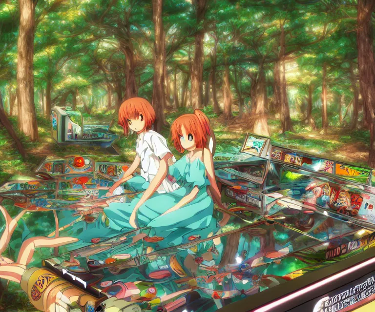 Image similar to pinball machine in a forest, anime fantasy illustration by tomoyuki yamasaki, kyoto studio, madhouse, ufotable, comixwave films, trending on artstation