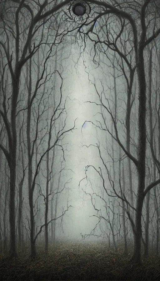 Image similar to a storm vortex made of many demonic eyes and teeth over a forest, by lee madgwick