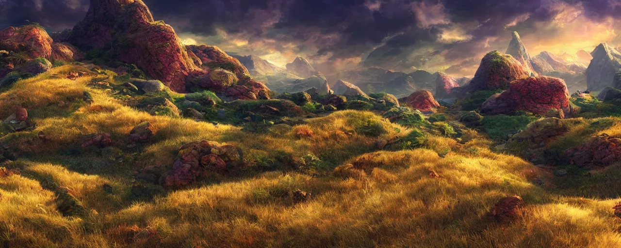 Image similar to ” otherwordly landscape of furry hills, [ colourful, cinematic, detailed, epic, widescreen, opening, establishing, mattepainting, photorealistic, realistic textures, octane render ] ”