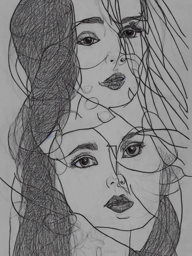 Prompt: beautiful intricate female portrait, one line drawing, bold sketch inspired by bauhaus and henri matisse.