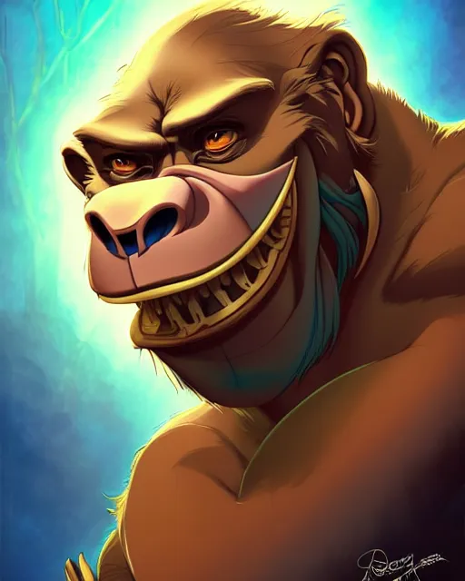 Image similar to don bluth, loish, artgerm, joshua middleton, steampunk, clockpunk anthropomorphic gorilla, full blue suit, smiling, symmetrical eyes symmetrical face, colorful animation forest background