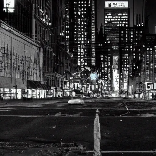 Image similar to color photograph, highly detailed abandoned New York city street at night after the war between humans and AIs, film grain, soft vignette, sigma 85mm f/1.4 1/10 sec shutter, film still promotional image, IMAX 70mm footage