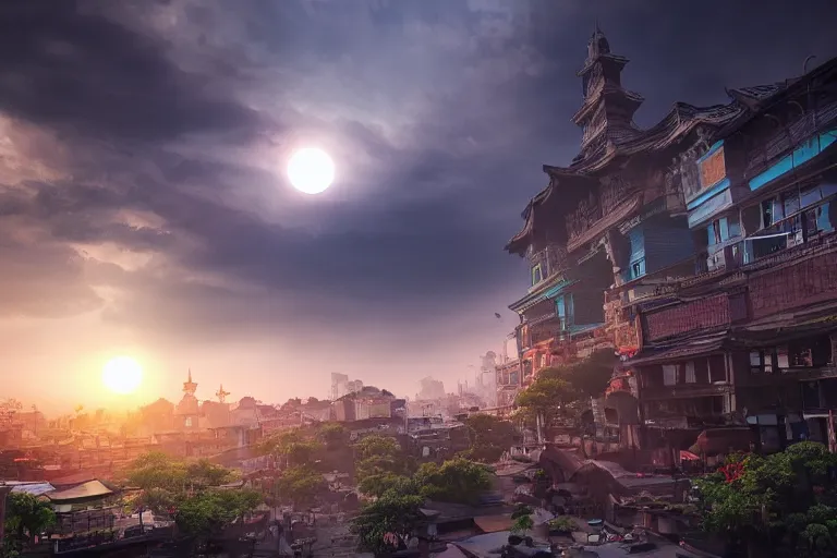 Prompt: the most amazing dream you ever had about indonesian city with 2 suns in the clody sky, hyper realistic, ambient lighting, concept art, intricate, hyper detailed, smooth, dynamic volumetric lighting, octane, cinematic