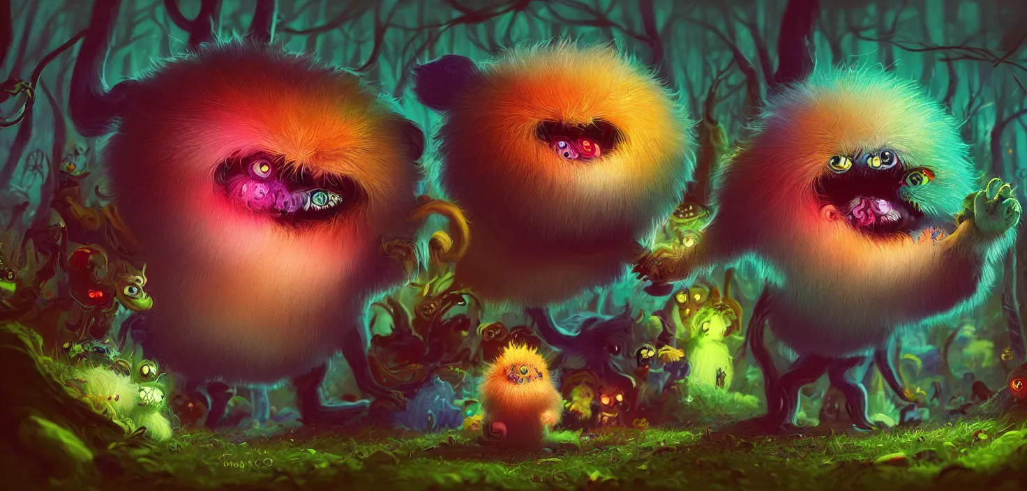 Prompt: intricate colourful fluffy with strange cute friendly angry crazy fluffy ball creatures with huge beauty eyes long tongue triangle teeth and scary face appearing from the forest, in the style of craola, shallow depth of field, highly detailed, digital painting, trending artstation, concept art, illustration, cinematic lighting, vibrant colors, photorealism, epic, octane render