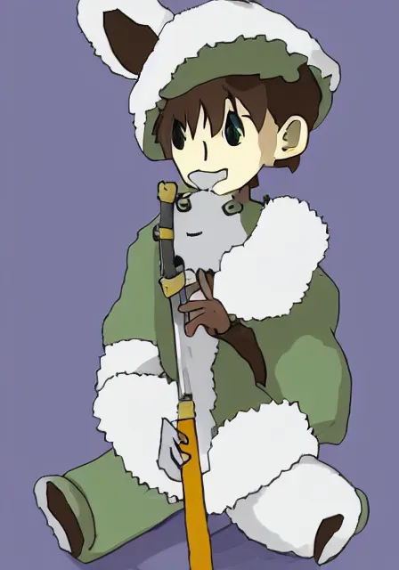 Image similar to little boy wearing sheep suit playing a flute sitting on bed. white, gray, blue, green and brown pallet color. made in abyss art style, inspired in kris from deltarrune, cute detailed artwork, anatomically correct