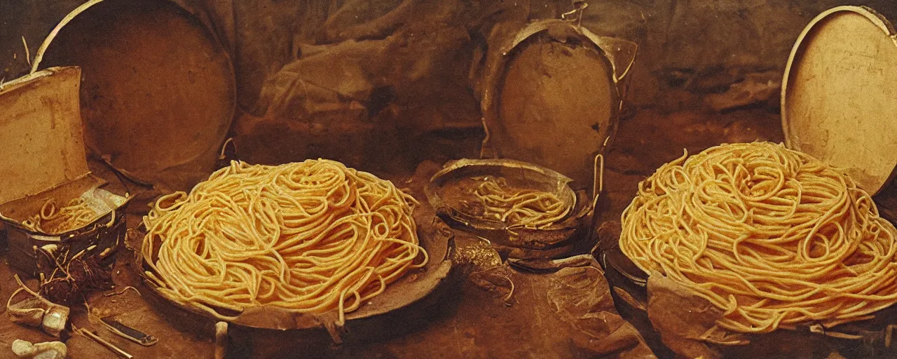 Image similar to the treasure chest of spaghetti in the mali empire, 1 5 0 0 s canon 5 0 mm, kodachrome, retro
