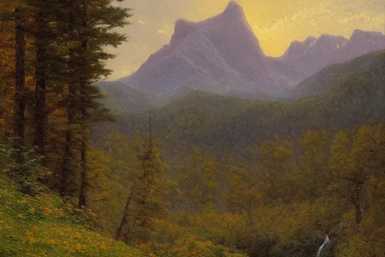 Image similar to mountains, trees, beautiful nature, very detailed, focused, oil painting, colorful, canvas, artstation, national geographic, Sydney Mortimer Laurence, Albert Bierstadt, Theodor Kittelsen, Hans Dahl, Konstantin Yakovlevich Kryzhitsky