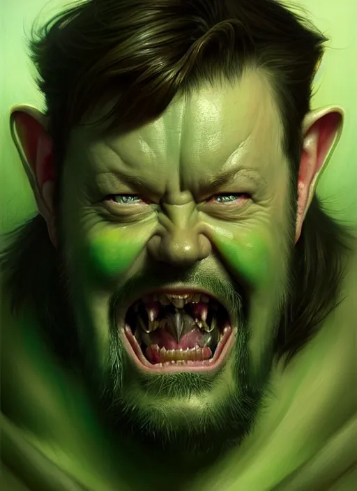 Prompt: portrait of ricky gervais as a goblin, d & d, muscular! green, fantasy, intricate, elegant, highly detailed, digital painting, artstation, concept art, smooth, sharp focus, illustration, art by artgerm and greg rutkowski and alphonse mucha
