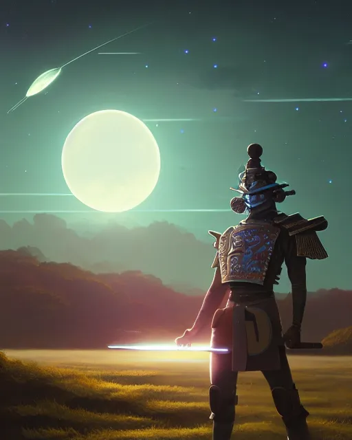 Image similar to highly detailed surreal vfx portrait of a metallic chromatic samurai bear in front of planets filled sky, stephen bliss, unreal engine, greg rutkowski, loish, rhads, beeple, makoto shinkai and lois van baarle, ilya kuvshinov, rossdraws, tom bagshaw, alphonse mucha, global illumination, detailed and intricate environment