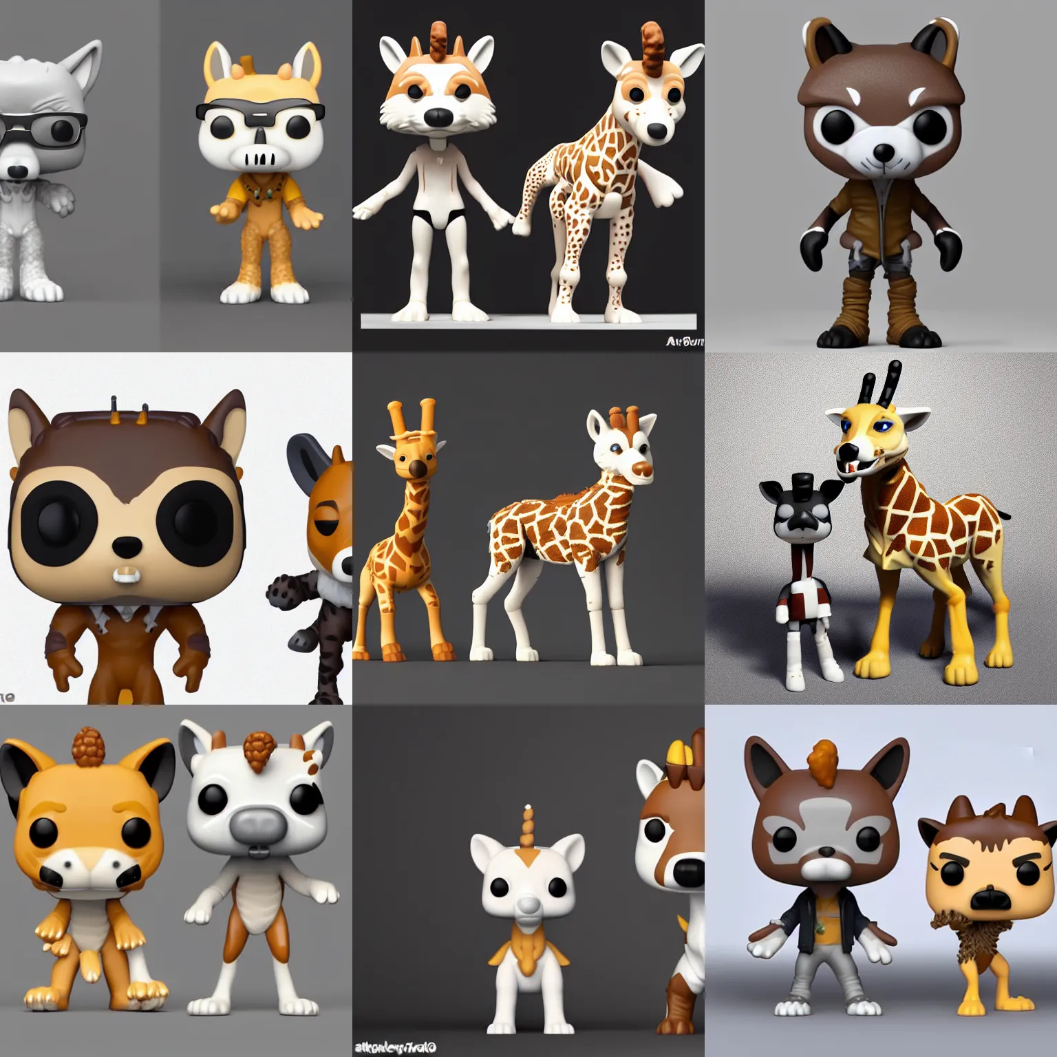 Prompt: full body 3d render of a wolf and a giraffe as a funko pop, studio lighting, white background, blender, trending on artstation, 8k, highly detailed