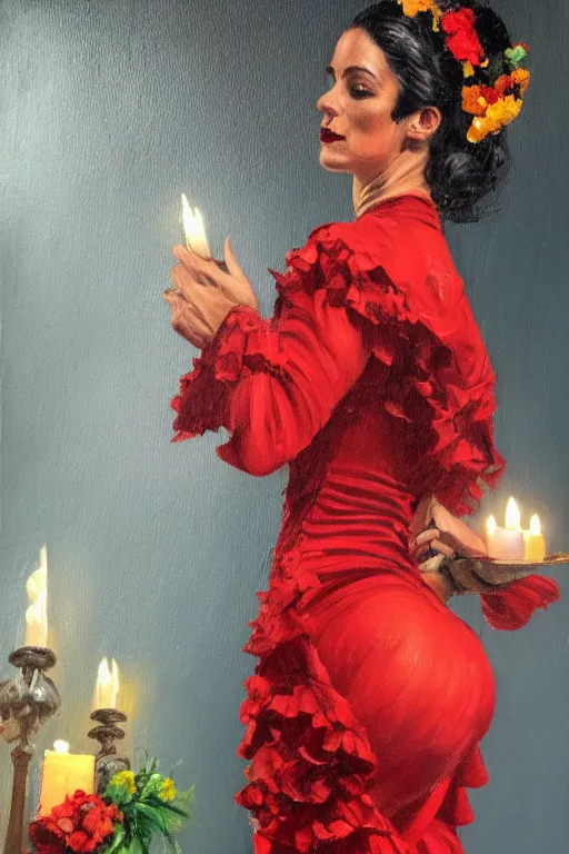 Image similar to vintage detailed oil painting of spanish flamenco dancer in mallorca wearing a red dress made of flowers, dimly lit by candles on the ground, looking away, her head is vapor, dark shadows, photo realistic, extreme detail skin, no filter, slr, 4 k, high definition