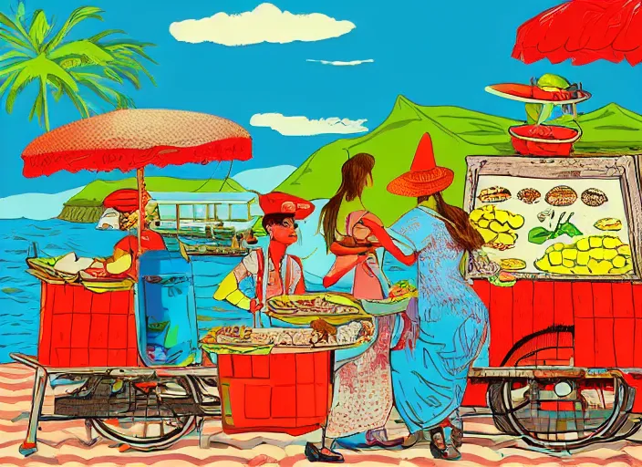 Prompt: a whimsical storybook illustration of crab sellers, tourism, lowbrow pop art style