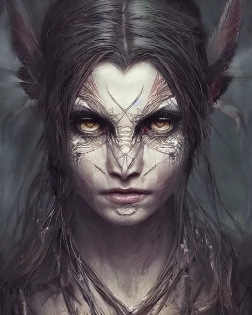 Image similar to half human half owl woman warrior, hyper realistic face, beautiful eyes, fantasy art, in the style of greg rutkowski, intricate, hyper detailed, smooth