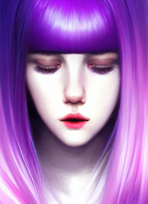 Image similar to hair whitebangs hair, black hair, whitebangs, portrait of teenage girl with white bangs, red irises, purple clothes, white bangs, bangs are different color from hair, intricate, elegant, glowing lights, highly detailed, digital painting, artstation, concept art, smooth, sharp focus, illustration, art by wlop, mars ravelo and greg rutkowski