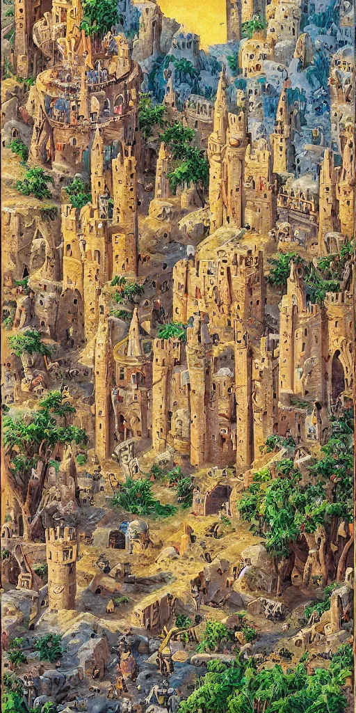 Prompt: goats in a tall citadel with tall towers and long stairs, colorful, beautiful, highly detailed