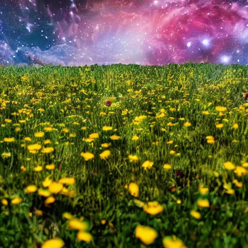 Prompt: Field of flowers with a nebula in the background, 4k octane render, award winning photograph
