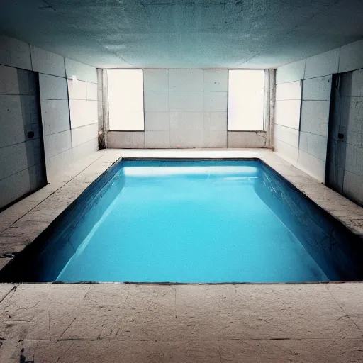 Image similar to a liminal space of a old 1 9 8 0 s pool, backrooms, eerie, found footage, pool