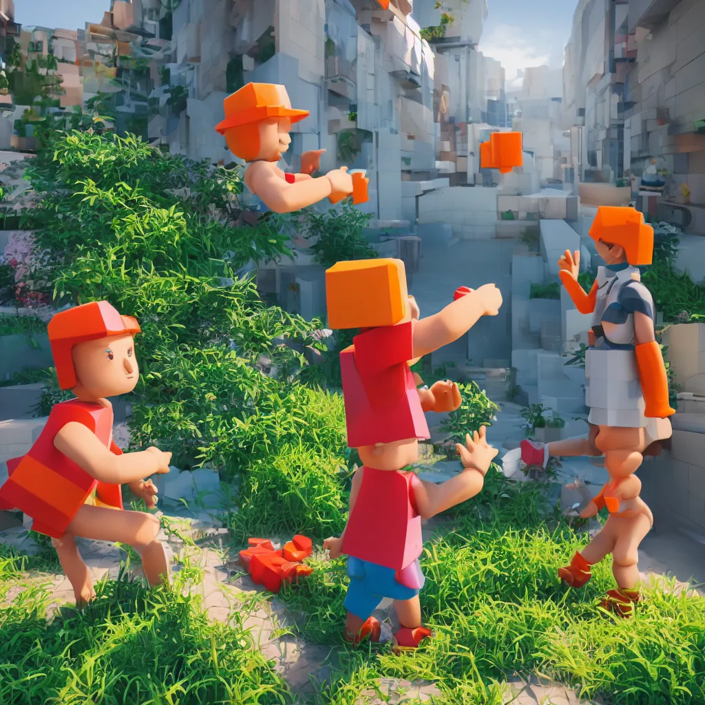 Prompt: highly detailed 3d render of kid interacting with roblox figure outside in the sun, box shapes floating all over, bright colors, octane render, insane quality, 8k, 4k, trending, artstation