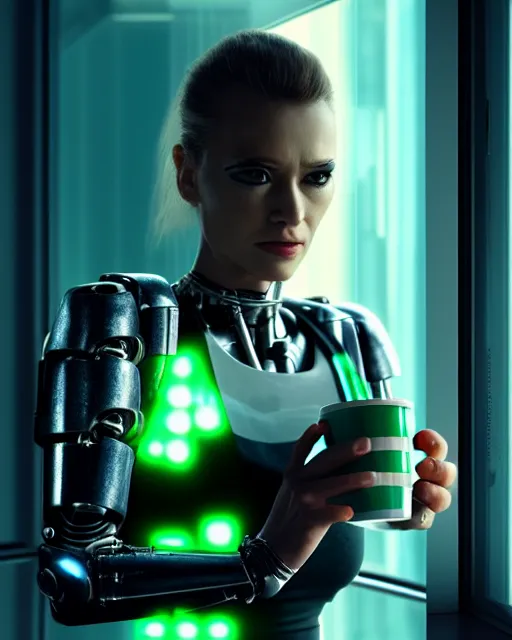 Image similar to a terminator cyborg lady with borg implants and a gorgeous human face is drinking coffee near a window with dystopian city visible outside. tiny green led lights in her cybernetics. very detailed 8 k. horror cyberpunk style.