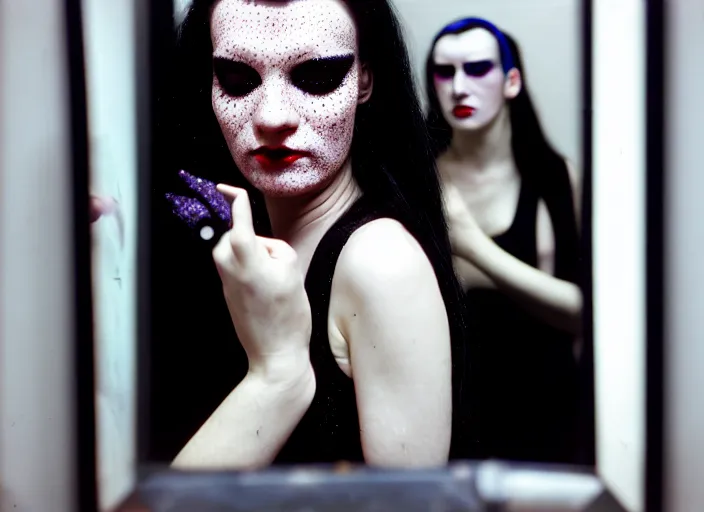 Image similar to cinestill 5 0 d candid photographic portrait by stanley kubrick of a beautiful feminine man wearing black techwear skirt and glitter makeup looking in a broken bathroom mirror, cramped new york apartment, medium shot, retrofuturism cyberpunk cinematic, 8 k, hd, high resolution, 3 5 mm, f / 3 2, ultra realistic faces, intricate detail, clockwork orange