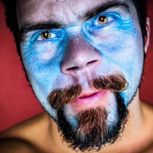 Image similar to fish eye lens close up photograph of a man with blue skin and a goatee side eyeing from below the camera with a sympathetic look