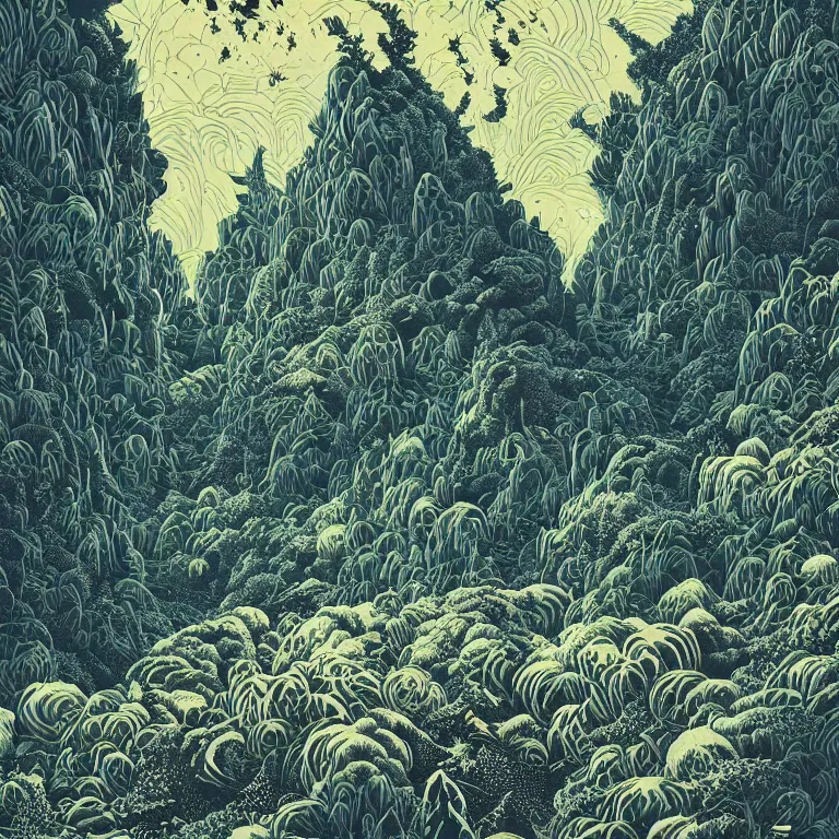 Prompt: linocut print of fantasy forest, amazing art, mountains, highly detailed, color, masterpiece, by victo ngai, craig mullins