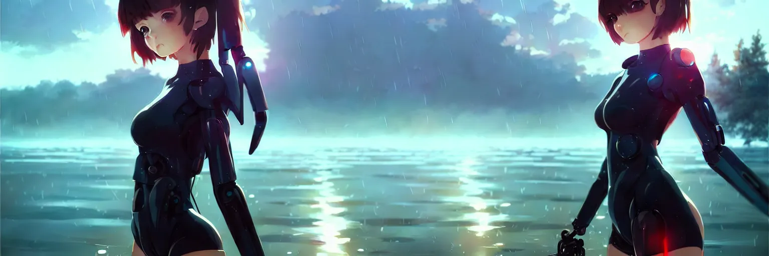 Image similar to wlop!!, ilya kuvshinov, artgerm!!!, krenz cushart, greg rutkowski, a beautiful cyborg - angel girl!! standing on a lake, rainfall, biomechanical details, digital cyberpunk anime art, full body shot!!, reflections!!, lens flare