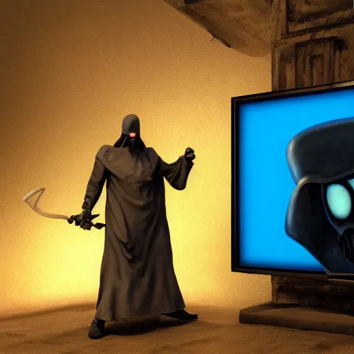 Prompt: a grim reaper with a crt television for a face. the television has a blue screen with white letters on it. by frank frazetta, simon bisley, brom, concept art, octane render, unreal engine 5, highly detailed, high quality, 8 k, soft lighting, realistic face, path traced