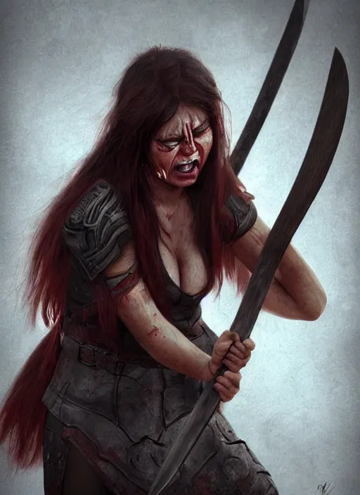 Image similar to woman warrior crying with angry striking her axe, trending on artstation