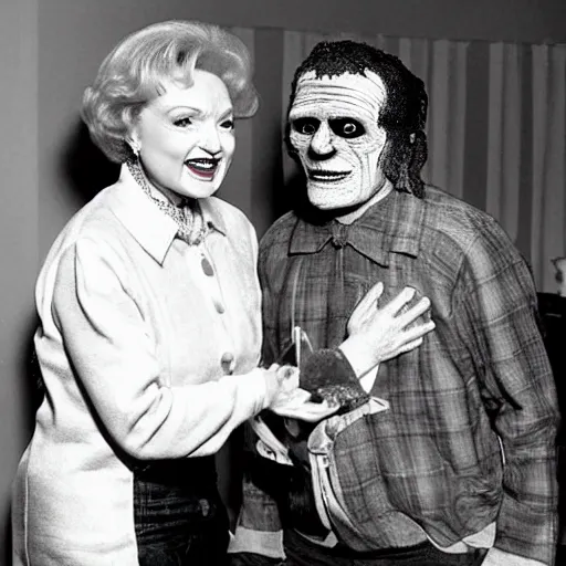 Image similar to Betty White hanging out with Frankenstein's monster