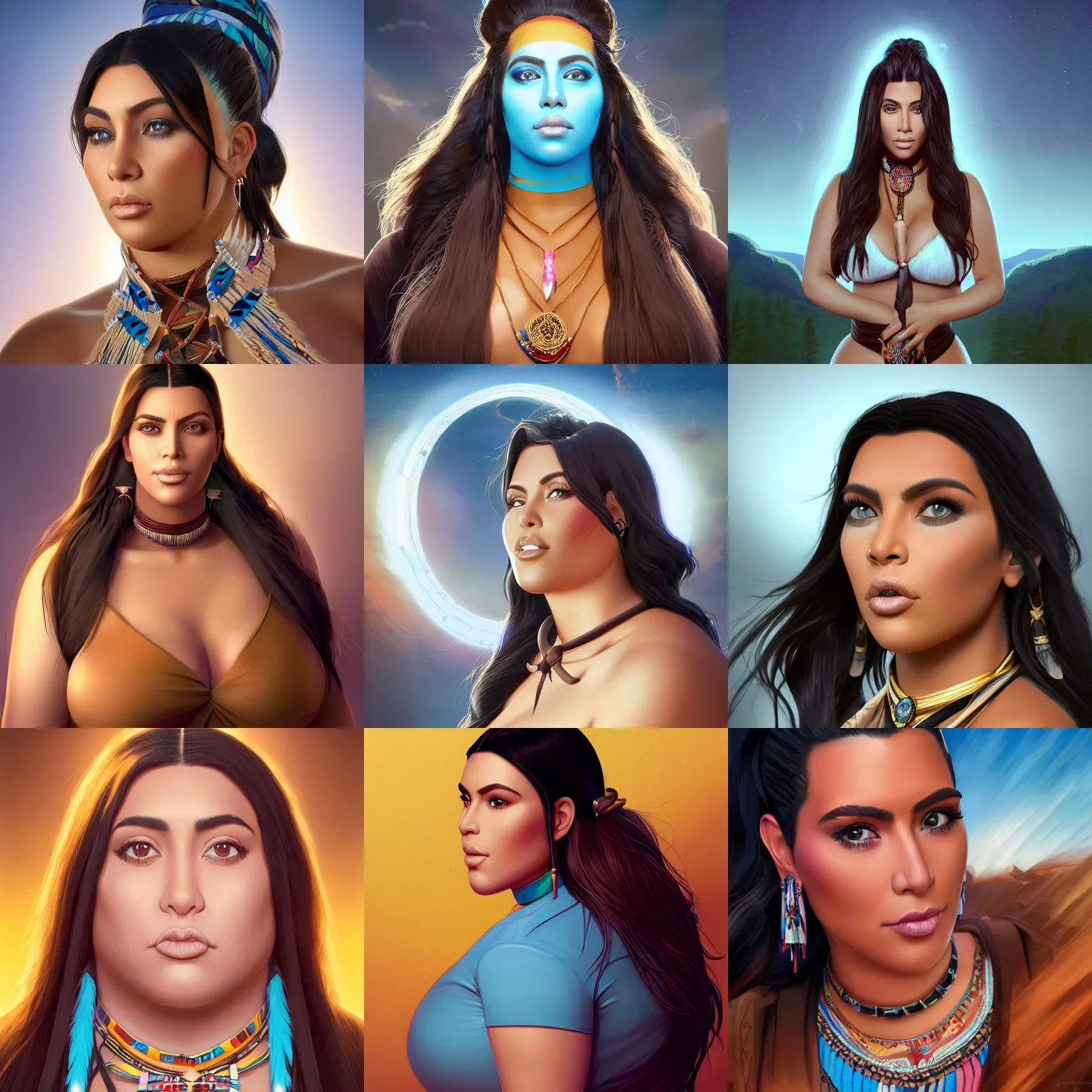 Prompt: portrait cartoon render of a strikingly gorgeous assiniboine and mandan overweight kim kardashian with blue eyes and long dark brown hair, wearing a native american choker, rossdraws, artgerm, norman rockwell, emiliano ponzi, epic composition, hd, octane, unreal engine, volumetric lighting, light rays, masterpiece, award - winning