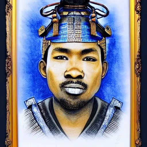 Image similar to oscar ukonu, beautiful samurai made with blue african ball point pen