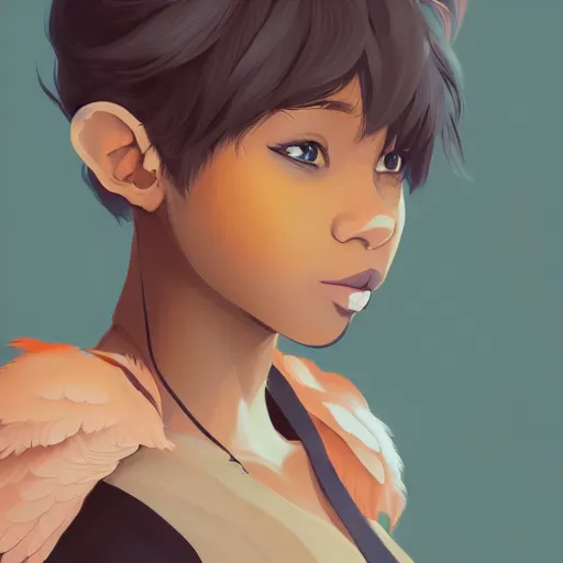 Image similar to portrait of a dark skinned woman with blonde hair and fox ears, wings, highly detailed, digital painting, artstation, matte, by makoto shinkai, animation style, studio ghibli, anime key visual