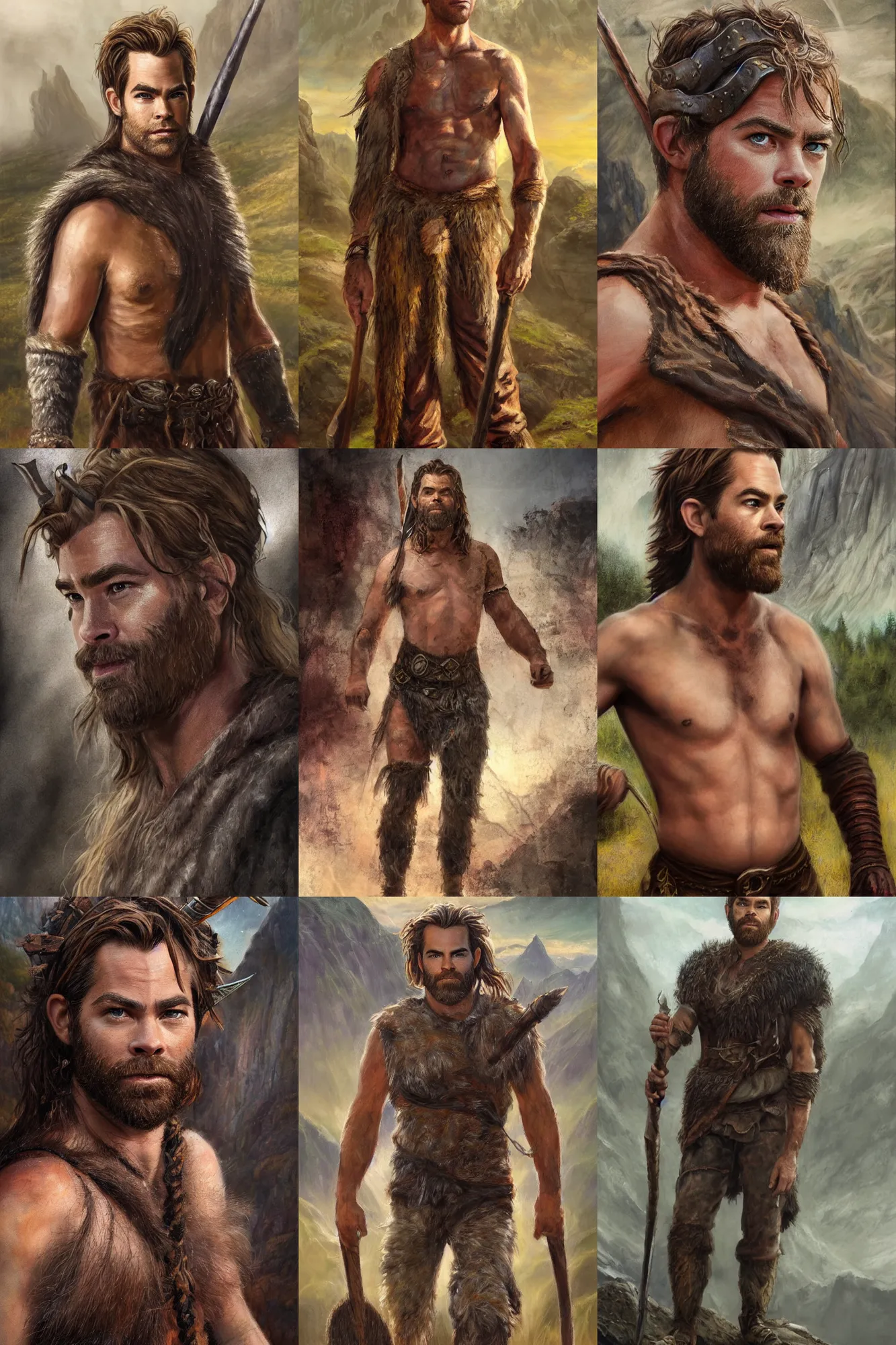 Prompt: a full body high detail fantasy portrait oil painting illustration of Chris Pine as a single rugged stoic barbarian man by Justin Sweet with face and body clearly visible, in a scenic background, pupils visible, realistic proportions, d&d, rpg, forgotten realms, artstation trending, high quality, sombre mood, artstation trending, muted colours, no crop, entire person visible!, natural light, Adobe Photoshop, Adobe Lightroom, photolab, Affinity Photo,