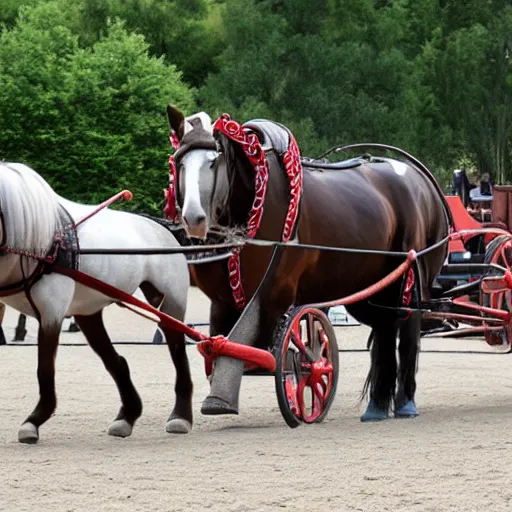 Prompt: a horse pulling a canon. the canon is harnessed to the horse and towed