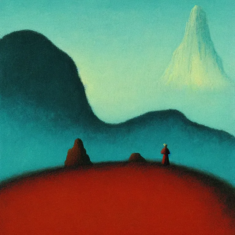 Image similar to a small figure staring at a giant mountain, bell curve, glowing, arkhip kuindzhi painting, teal palette, eschaton