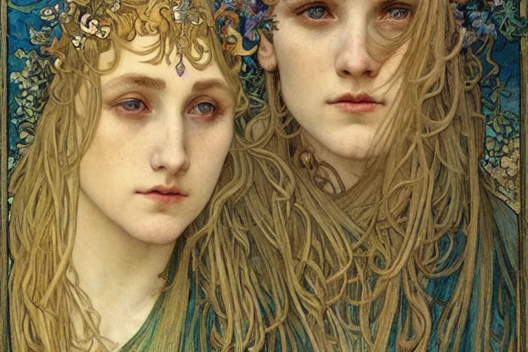 Image similar to detailed realistic beautiful young medieval queen face portrait by jean delville, alphonse mucha, vincent van gogh, and marco mazzoni, art nouveau, symbolist, visionary, gothic, pre - raphaelite