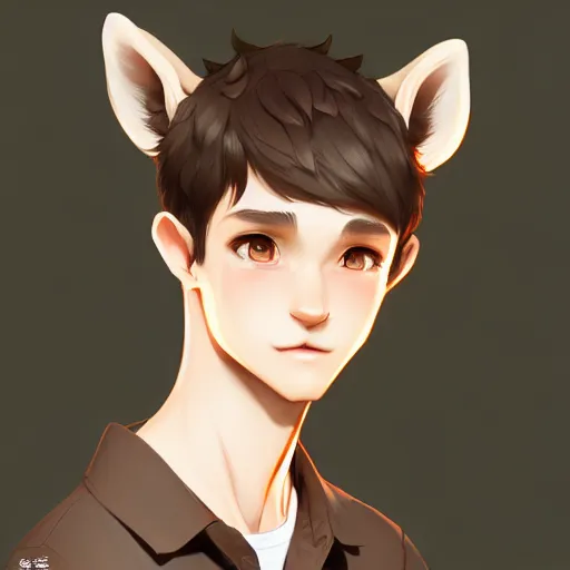 Image similar to character design portrait of a kind anthropomorphic furry deer man with deer ears, short brown hair, wearing a shirt, looking at the camera, 4 k, concept art, by wlop, ilya kuvshinov, artgerm, krenz cushart, pixiv.