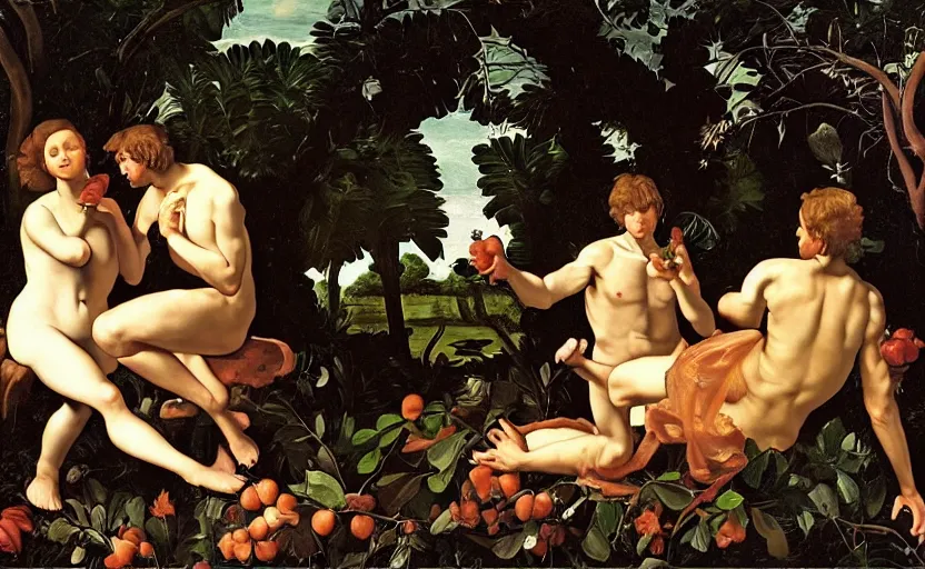 Prompt: adam and eve eating a big mac in the garden of eden by caravaggio, highly detailed, intricate details, oil painting, deep impasto