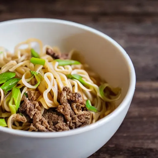 Image similar to a bowl of noodles with mixed beef sauce