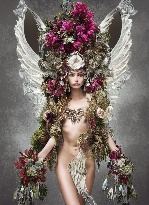 Image similar to full body environmental portrait photo of a goddess as angel, ornate headpiece made from flowers, ornaments, glamour shot by gemmy woud - binnendijk, chris knight, stefan gesell, photorealistic, canon r 3, fashion photography, ornate, elegant, luxury and elite, symmetrical features, octane render, unreal engine, solid dark grey background, dramatic lights