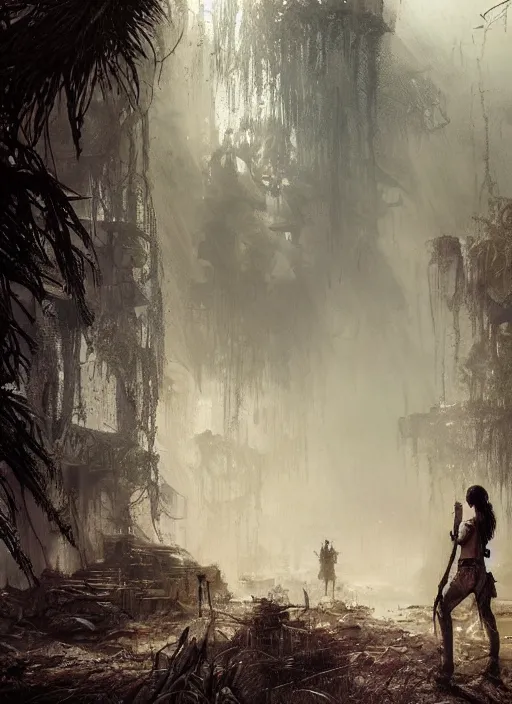 Image similar to a tribal woman and a soldier discovering a post apocalyptic city overgrown with lush vegetation, by Luis Royo, by Greg Rutkowski, dark, gritty, intricate, backlit, strong rimlight, cover illustration, concept art, volumetric lighting, volumetric atmosphere, sharp focus, octane render, trending on artstation, 8k