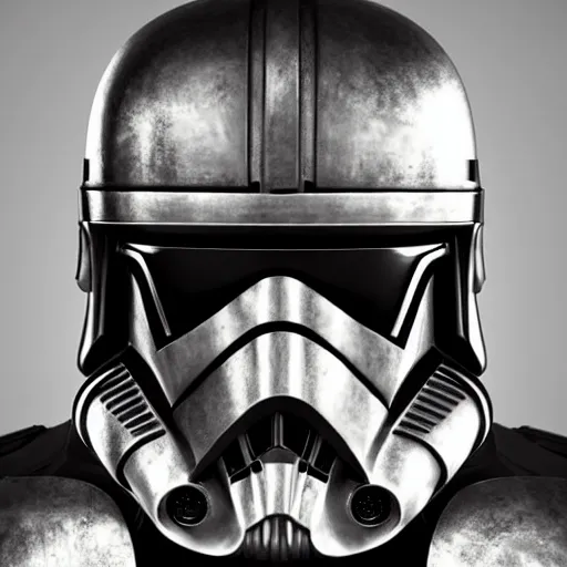 Image similar to bust portrait of a knight, high detail, silver, steel, helmet, ornate decoration, gold trim, storm trooper, diffused lighting, runic etching, mandalorian, darth revan, star wars, octane, unreal 5